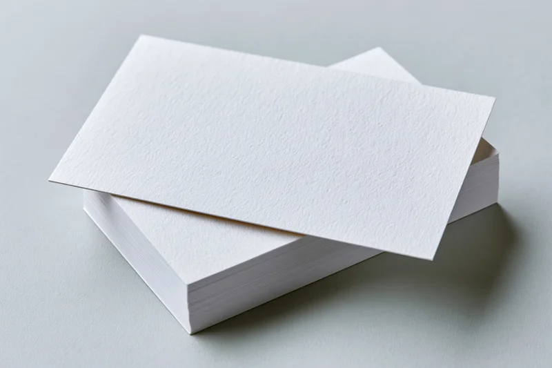 Stack of blank white textured business cards on light surface