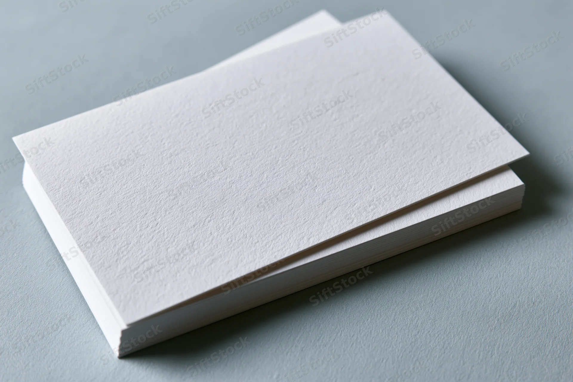 Stack of blank white textured business cards on gray surface