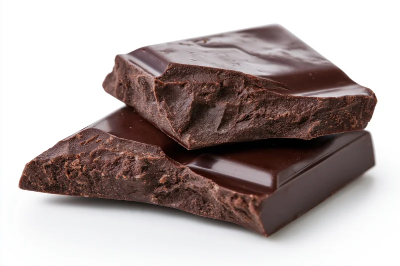 Two broken dark chocolate pieces stacked against each other on white background