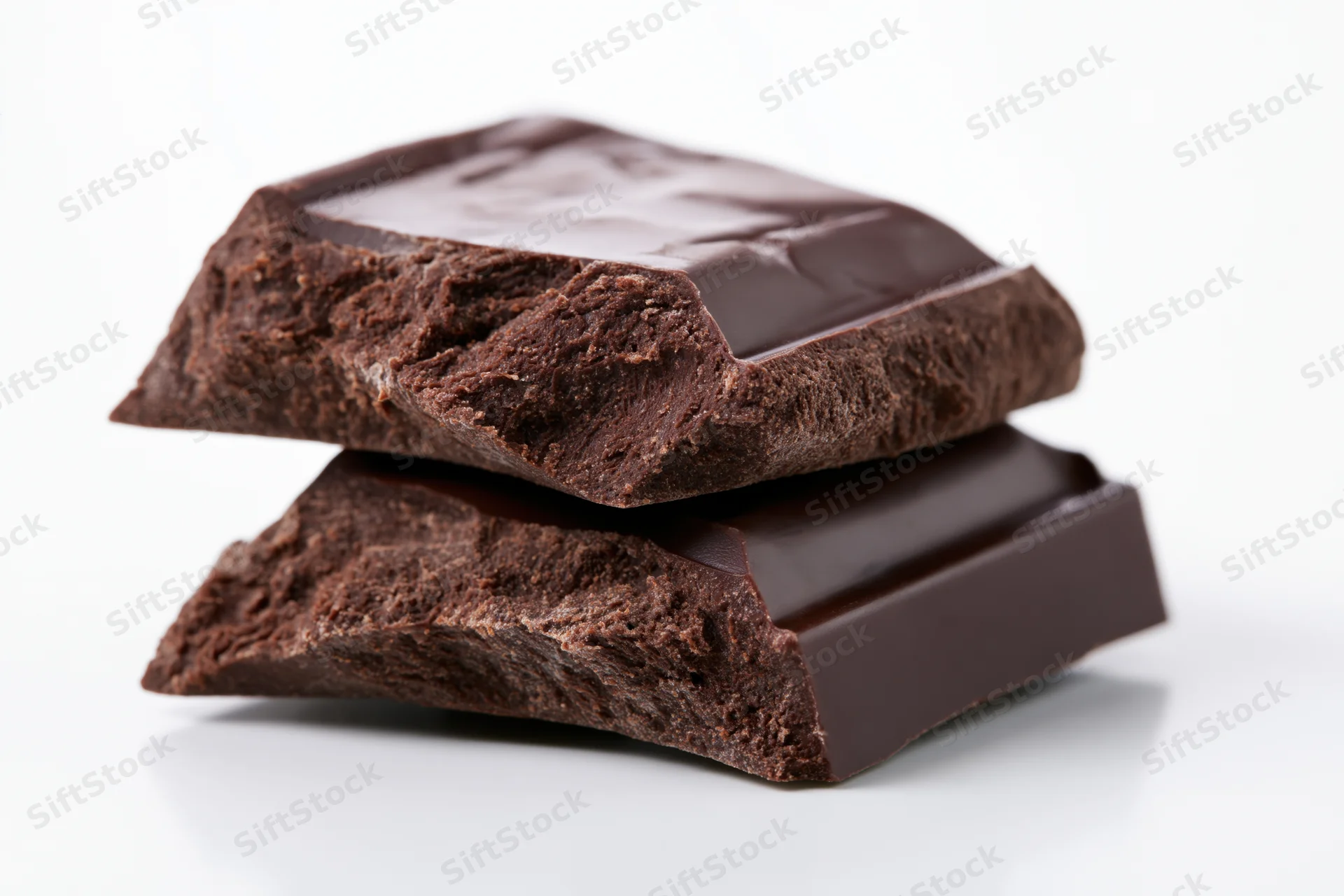 Two broken dark chocolate pieces stacked against each other on a white background