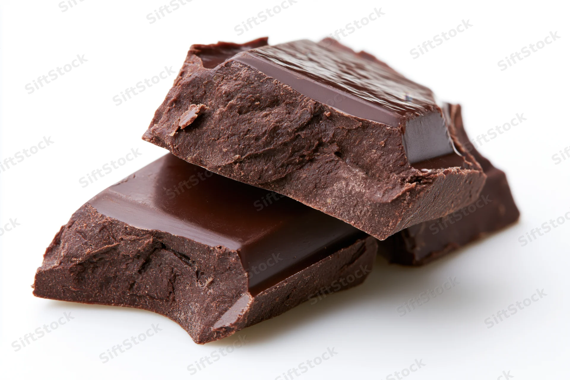Broken dark chocolate chunks stacked against each other on white background