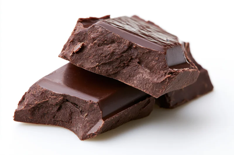 Broken dark chocolate chunks stacked against each other on white background
