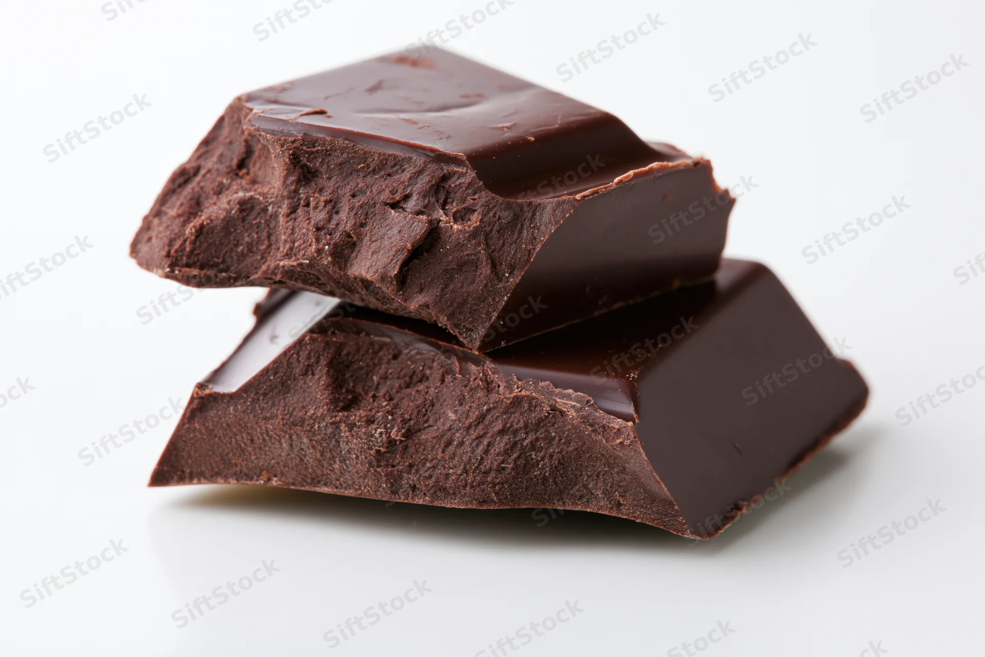 Two broken dark chocolate pieces stacked against each other on white background
