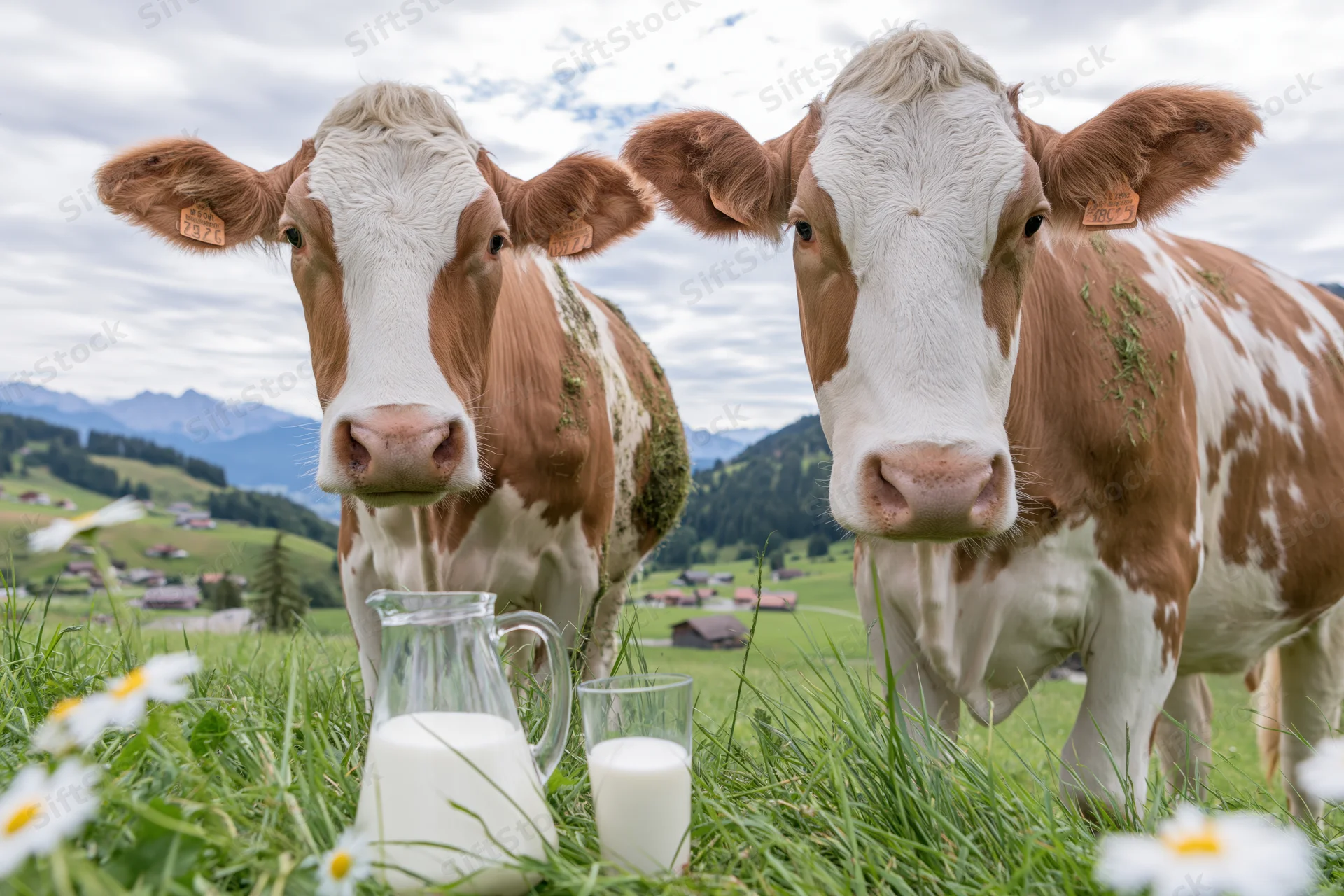 Two simmental cows standing in a grassy pasture with a milk jug and glass in front, mountains in the background