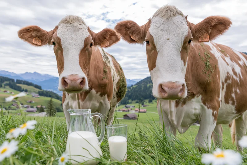 Two simmental cows standing in a grassy pasture with a milk jug and glass in front, mountains in the background