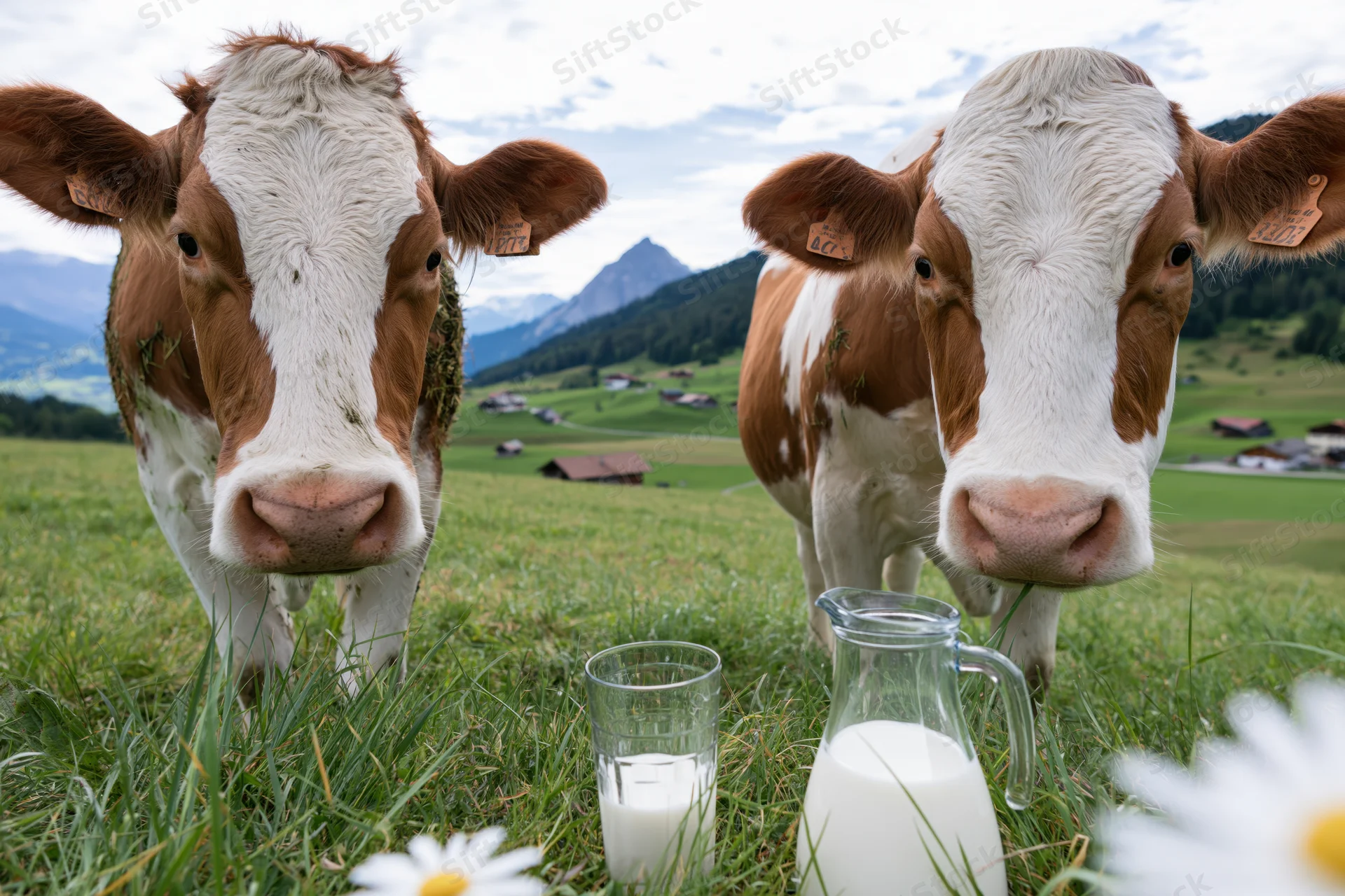 Two simmental cows standing in a grassy alpine pasture with milk jug and glass nearby