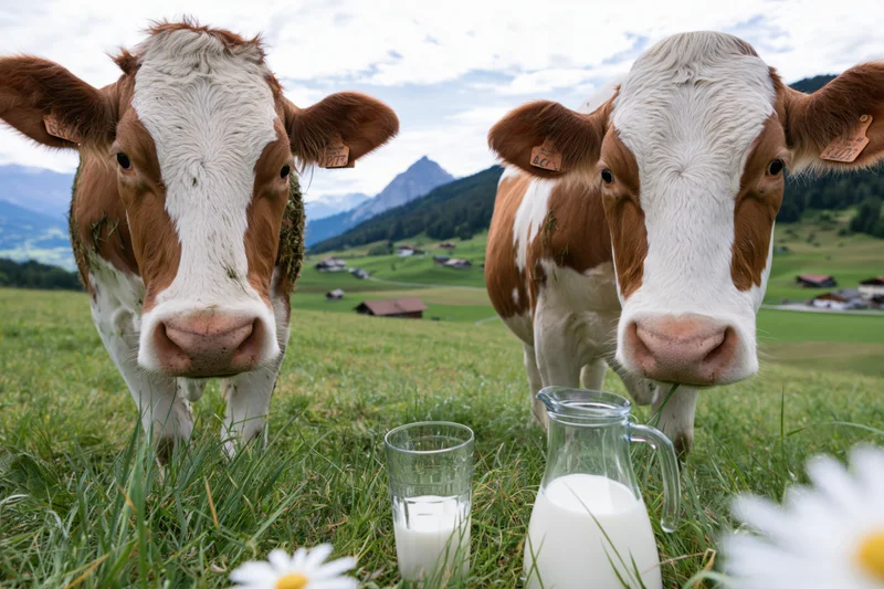 Two simmental cows standing in a grassy alpine pasture with milk jug and glass nearby