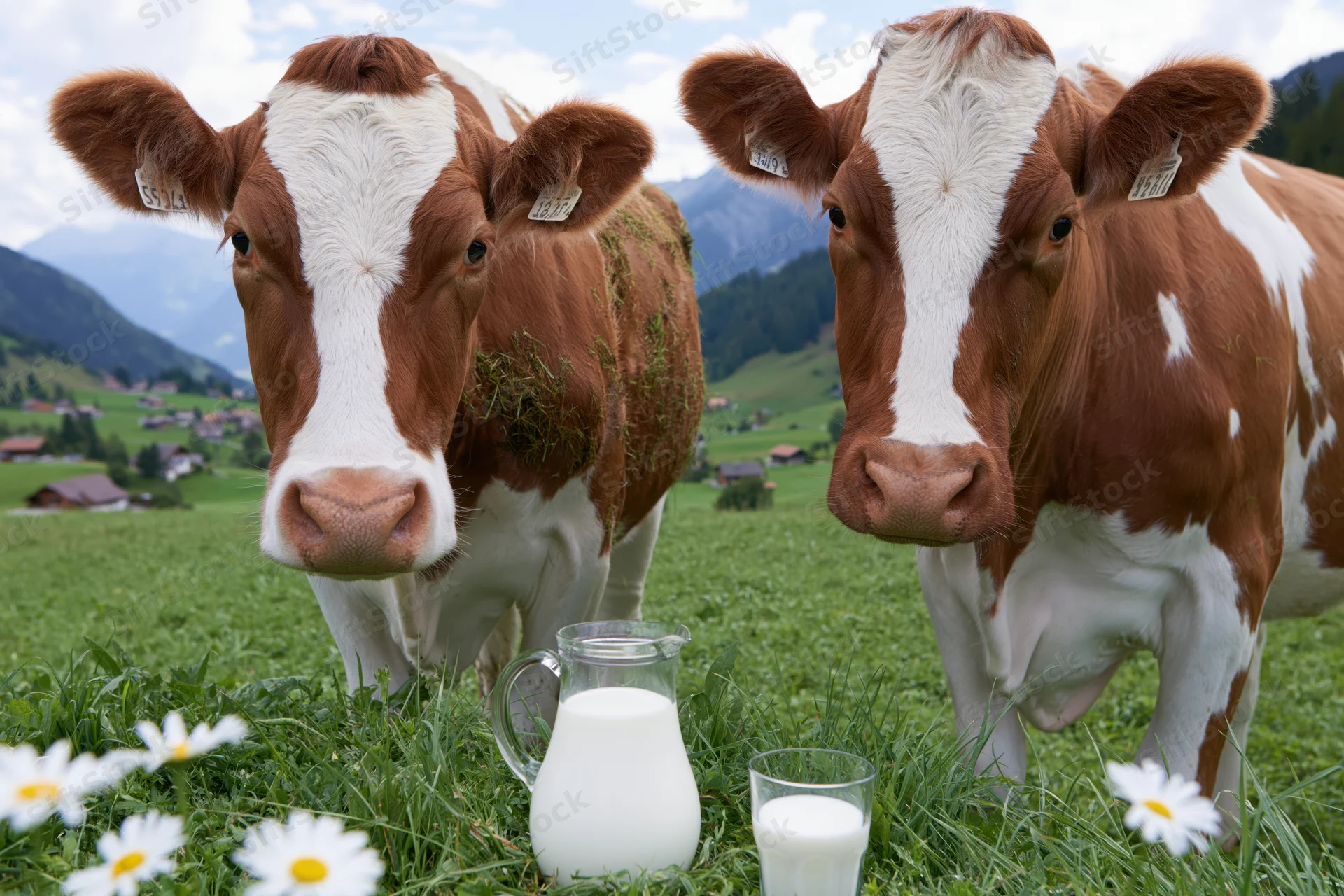 Two simmental cows standing in a grassy pasture with milk jug and glass in front, mountains in background