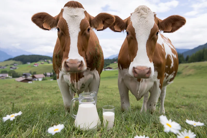 Two simmental cows standing in a grassy field with a milk jug and glass in front, surrounded by daisies and mountains in the background