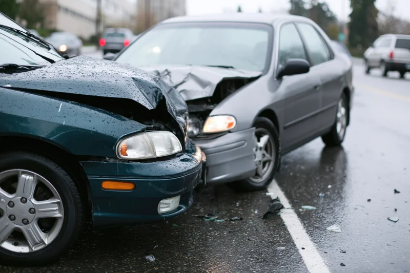 Two damaged cars locked together after front-end collision on wet road
