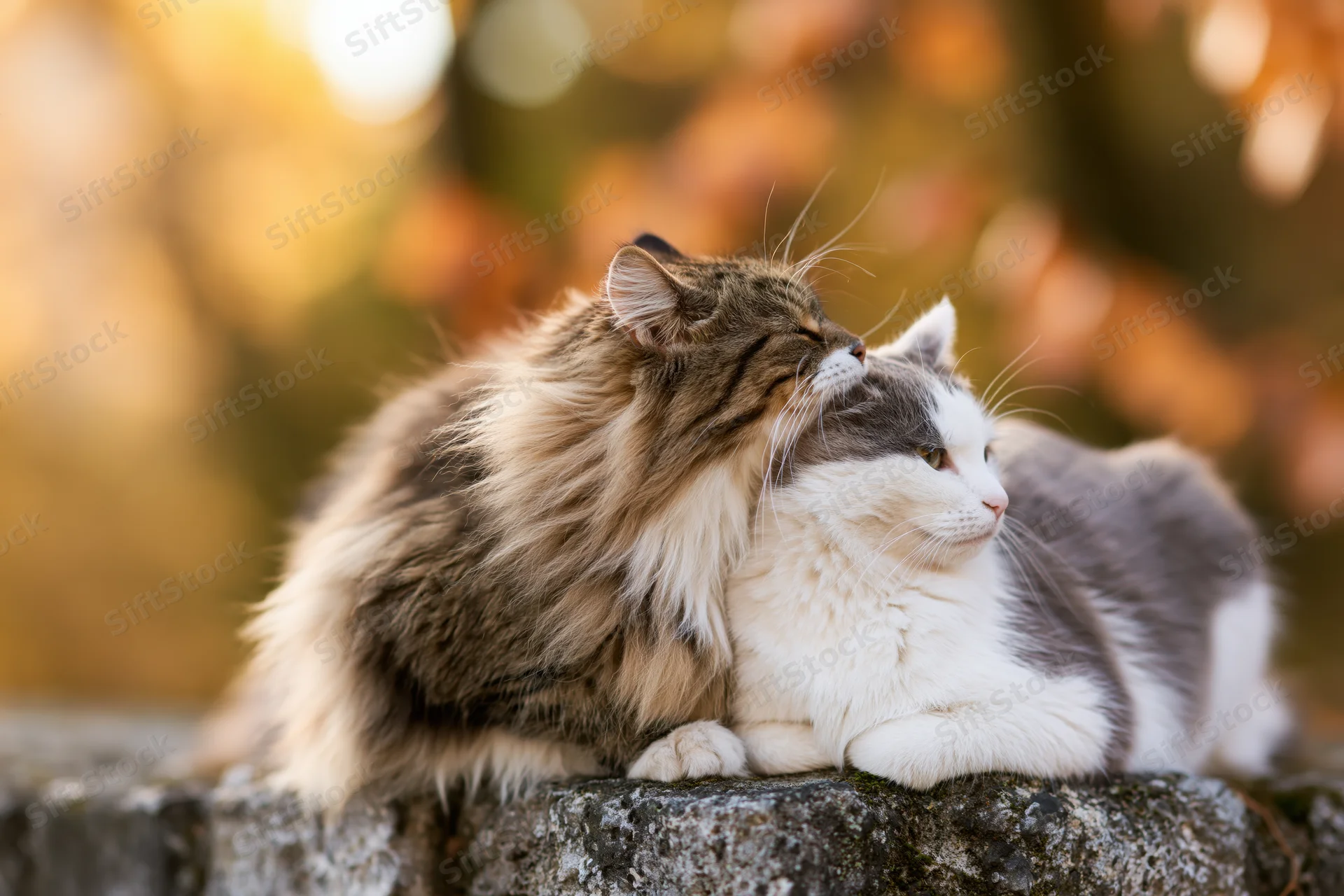 Two cats cuddling on a weathered stone ledge outdoors in autumn light