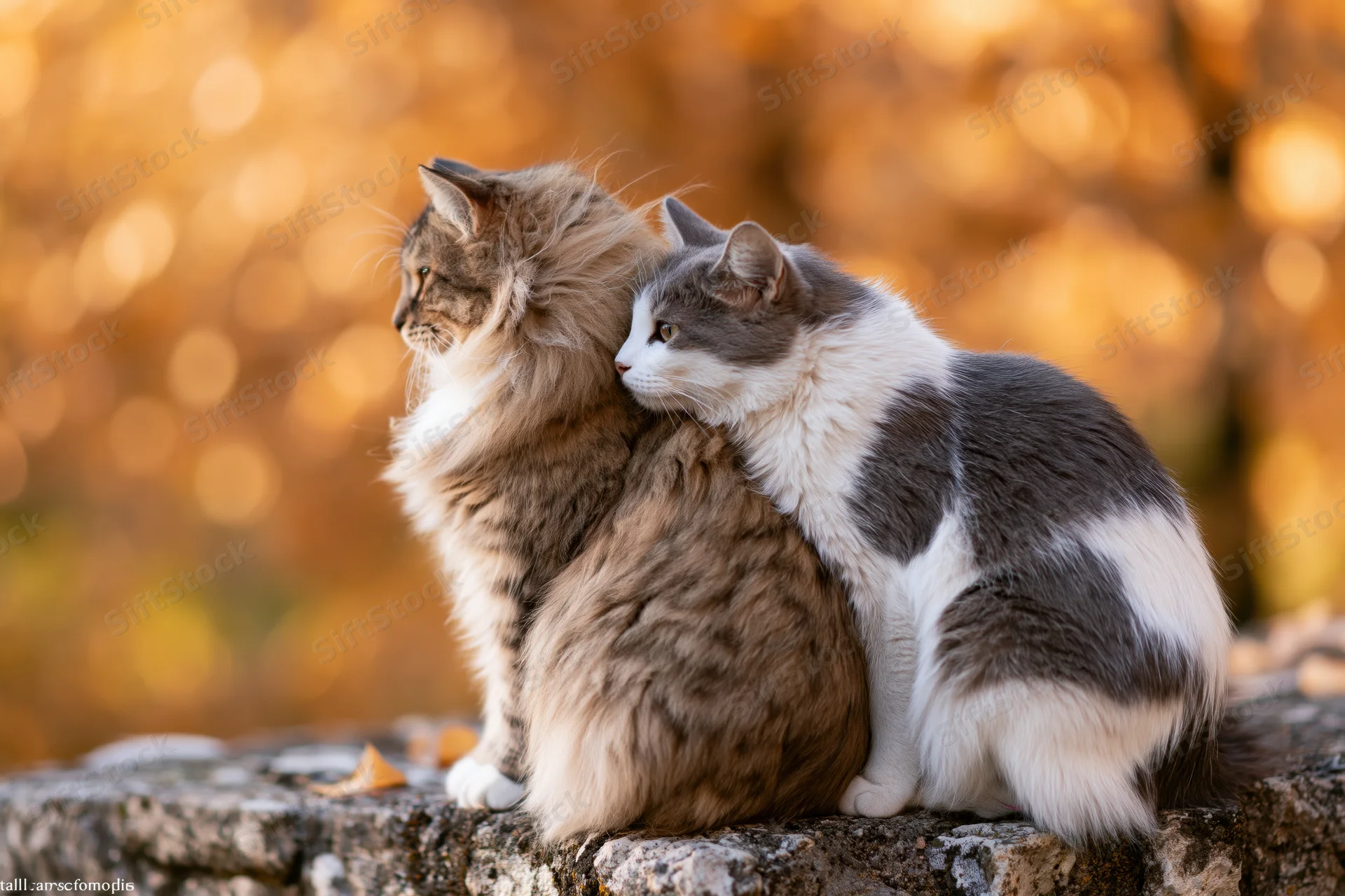 Two cats sitting side by side on a weathered stone ledge outdoors in autumn