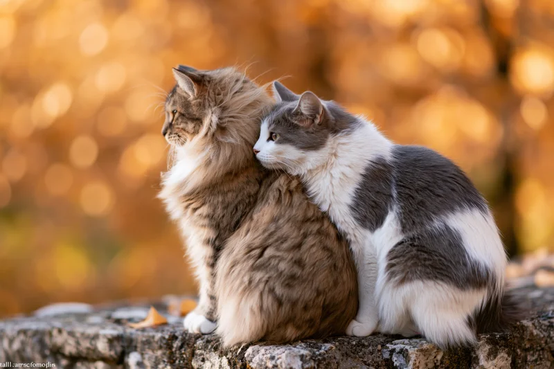 Two cats sitting side by side on a weathered stone ledge outdoors in autumn