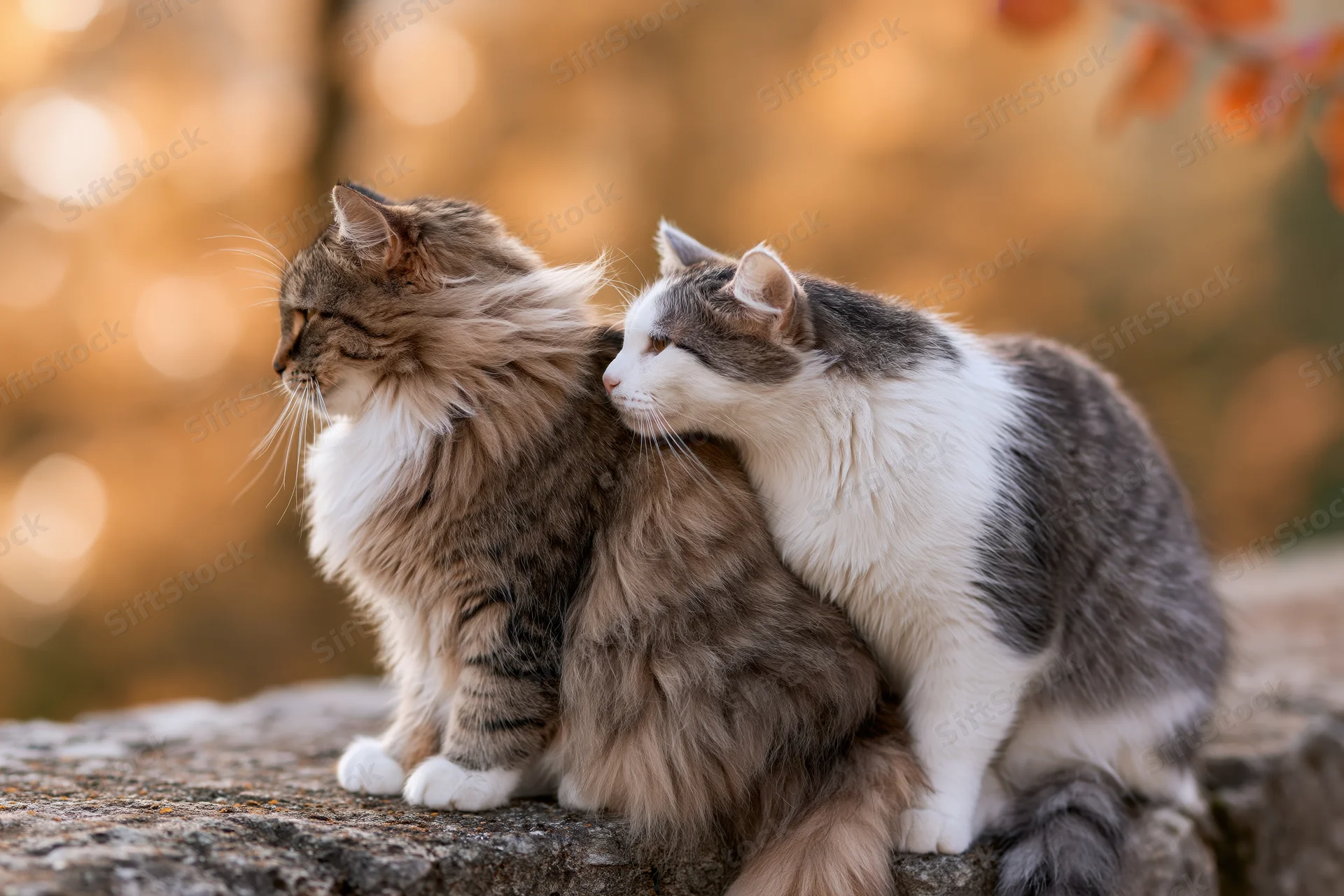 Two cats sitting close together on a stone ledge outdoors