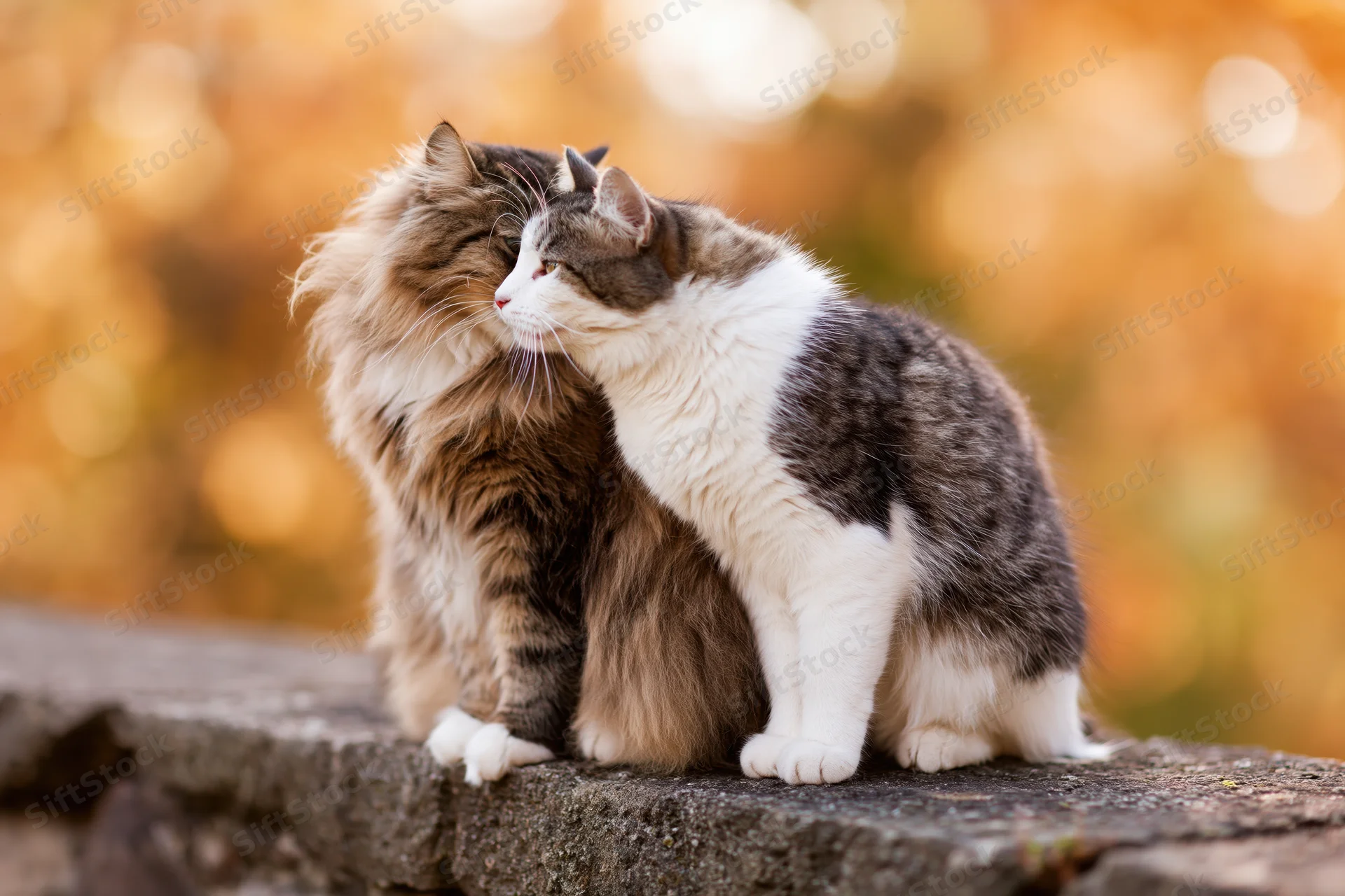 Two cats nuzzling on a stone ledge outdoors in autumn