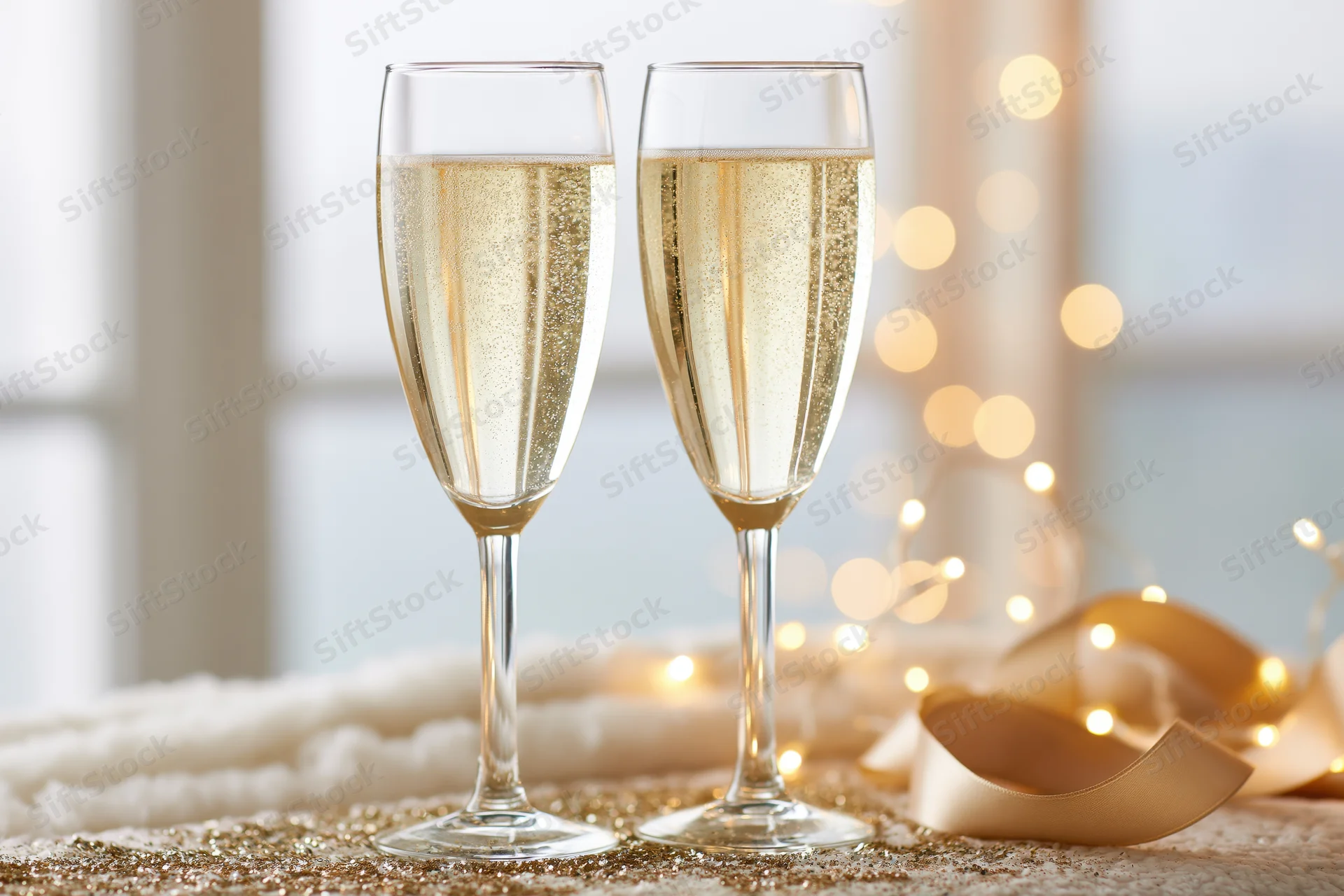 Two champagne flutes filled with sparkling wine on a glittery table with ribbon and string lights in the background