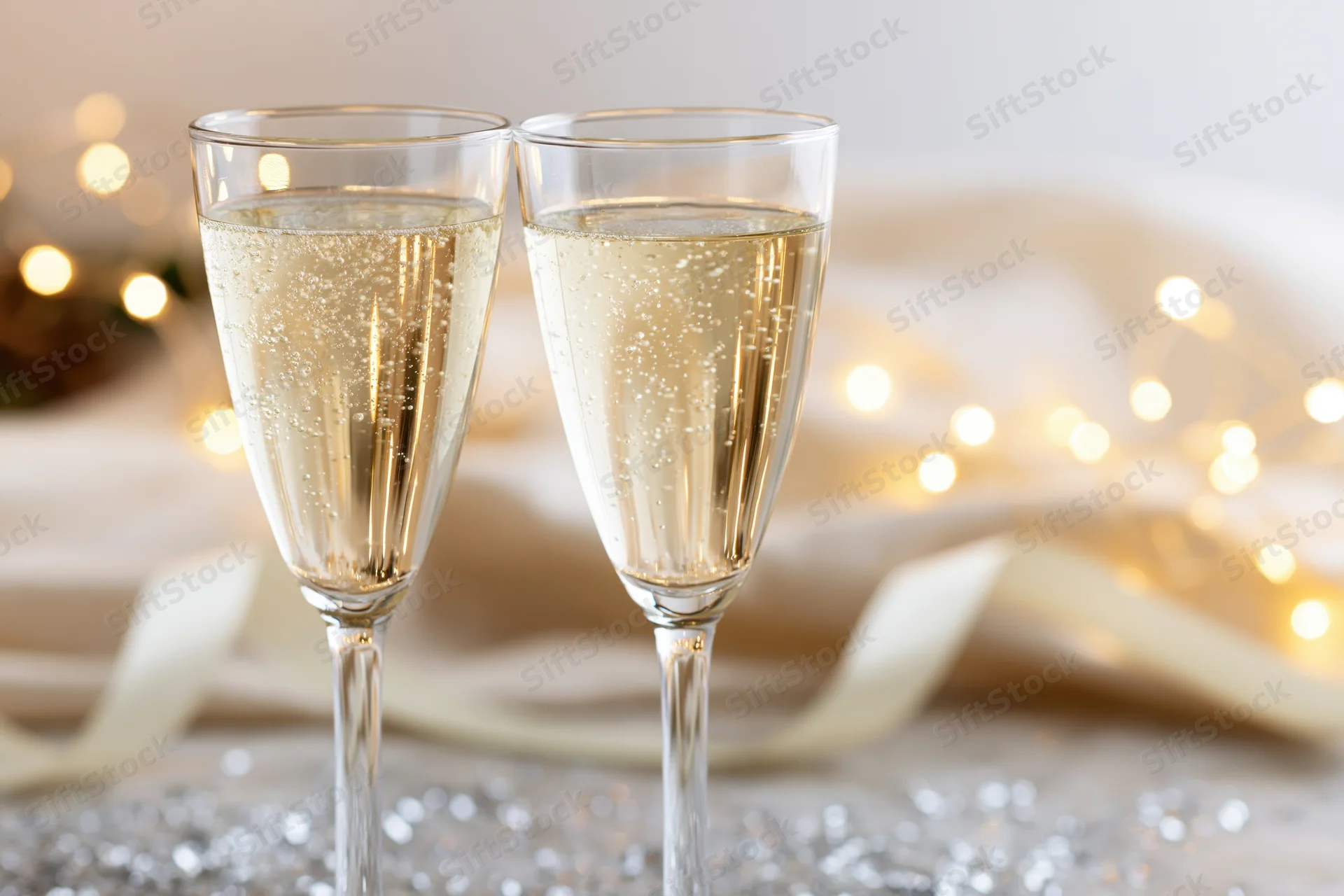 Two champagne flutes filled with sparkling wine on a decorated table with festive lights and silver glitter