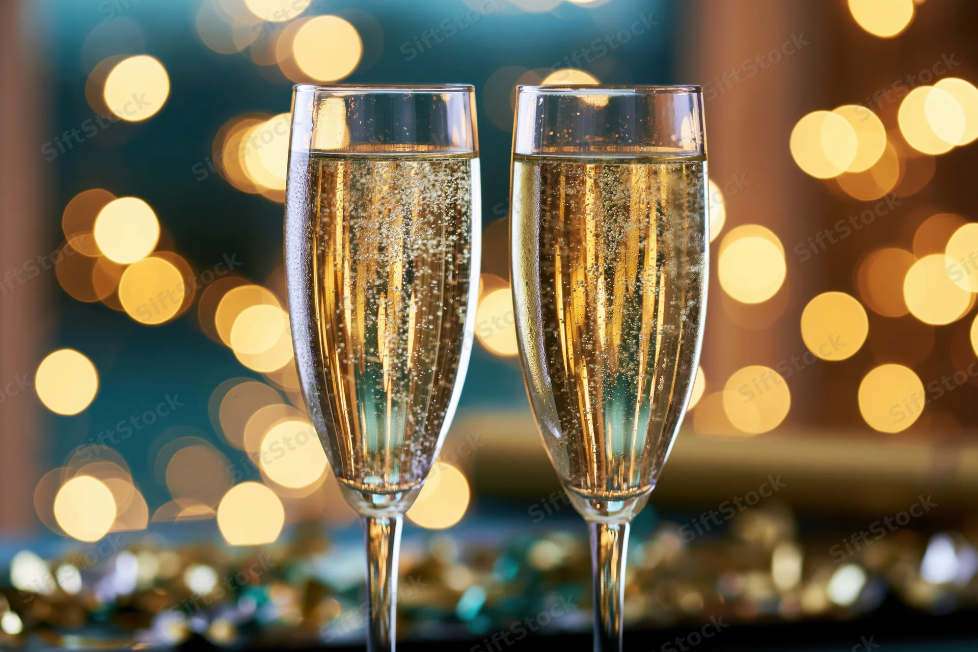 Two champagne flutes filled with sparkling wine against a bokeh light background