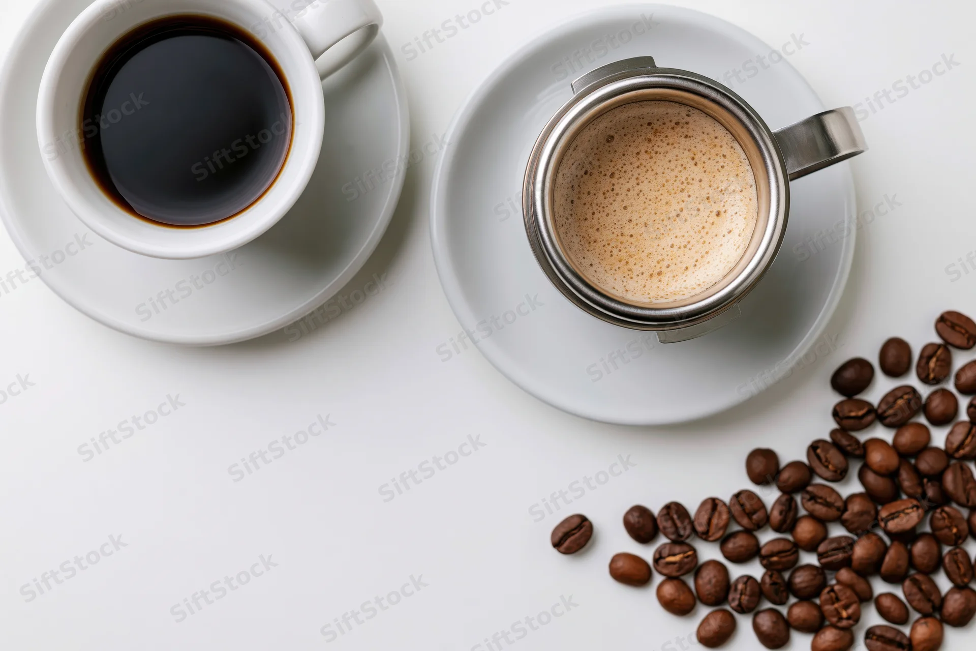 Two coffee cups and scattered beans on white surface viewed from above