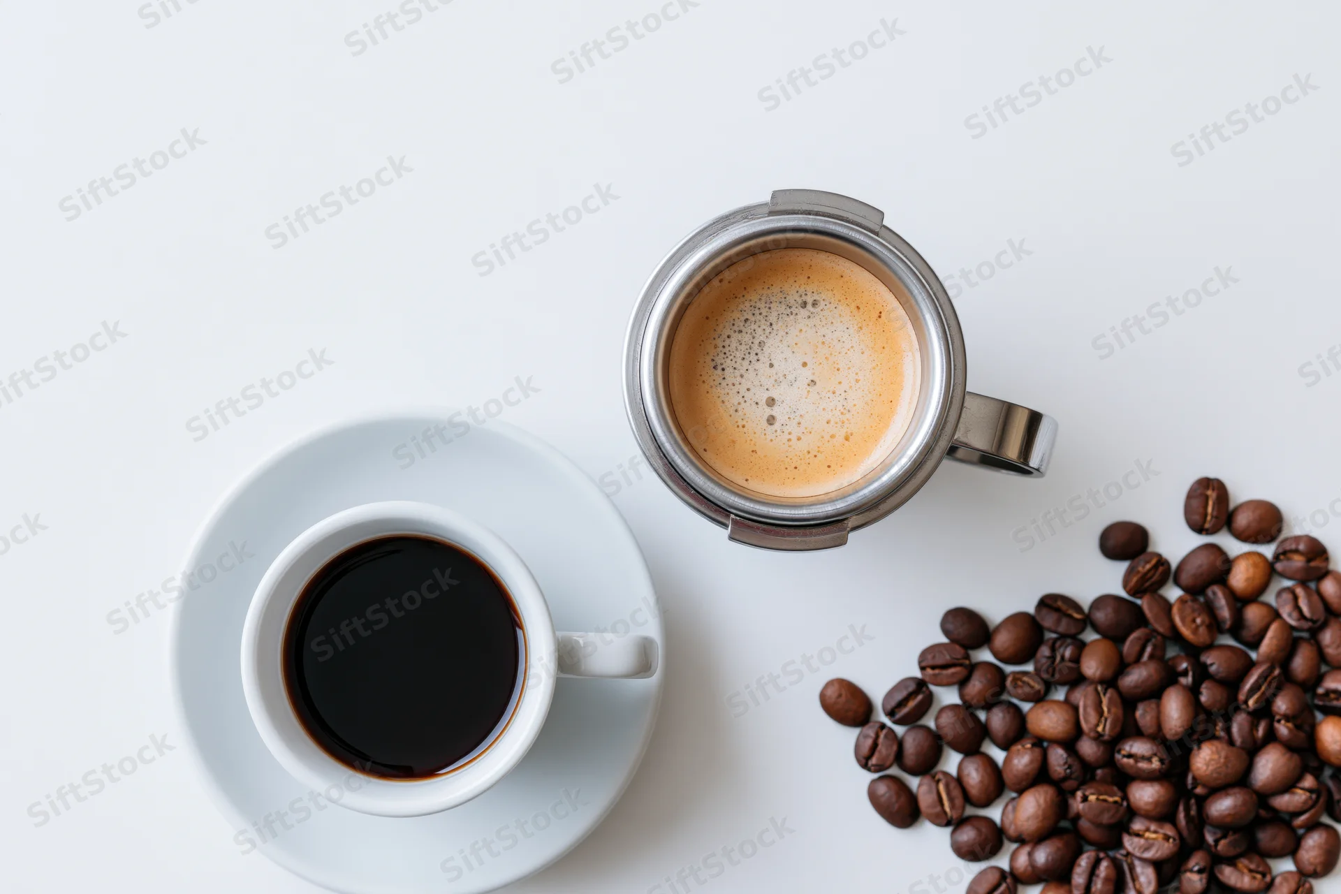 Two coffee cups and roasted beans arranged on a white surface from above