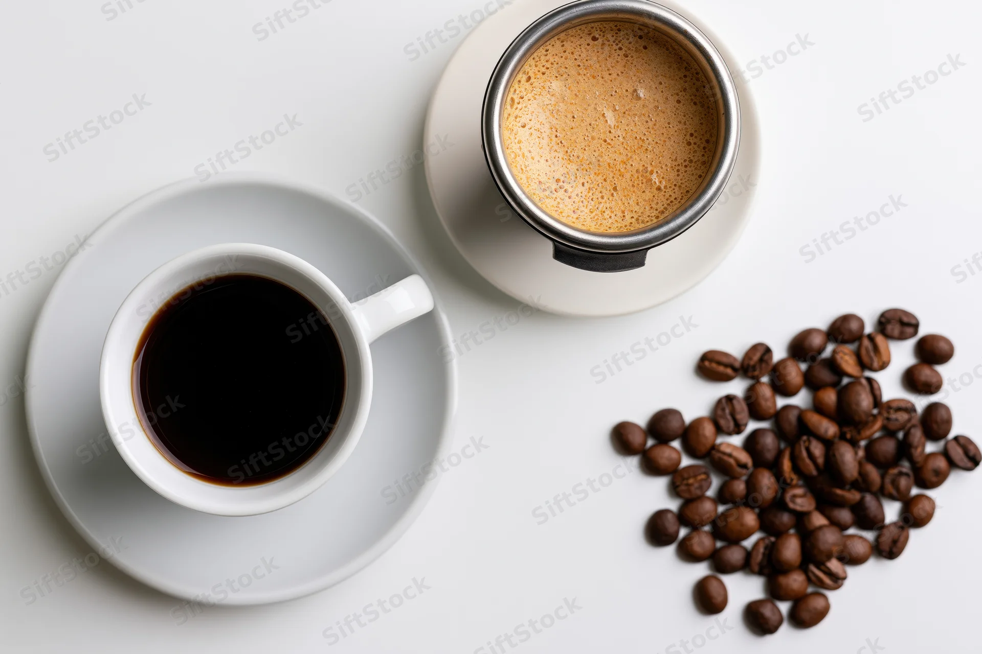 Two coffee cups and scattered beans arranged on a white surface viewed from above
