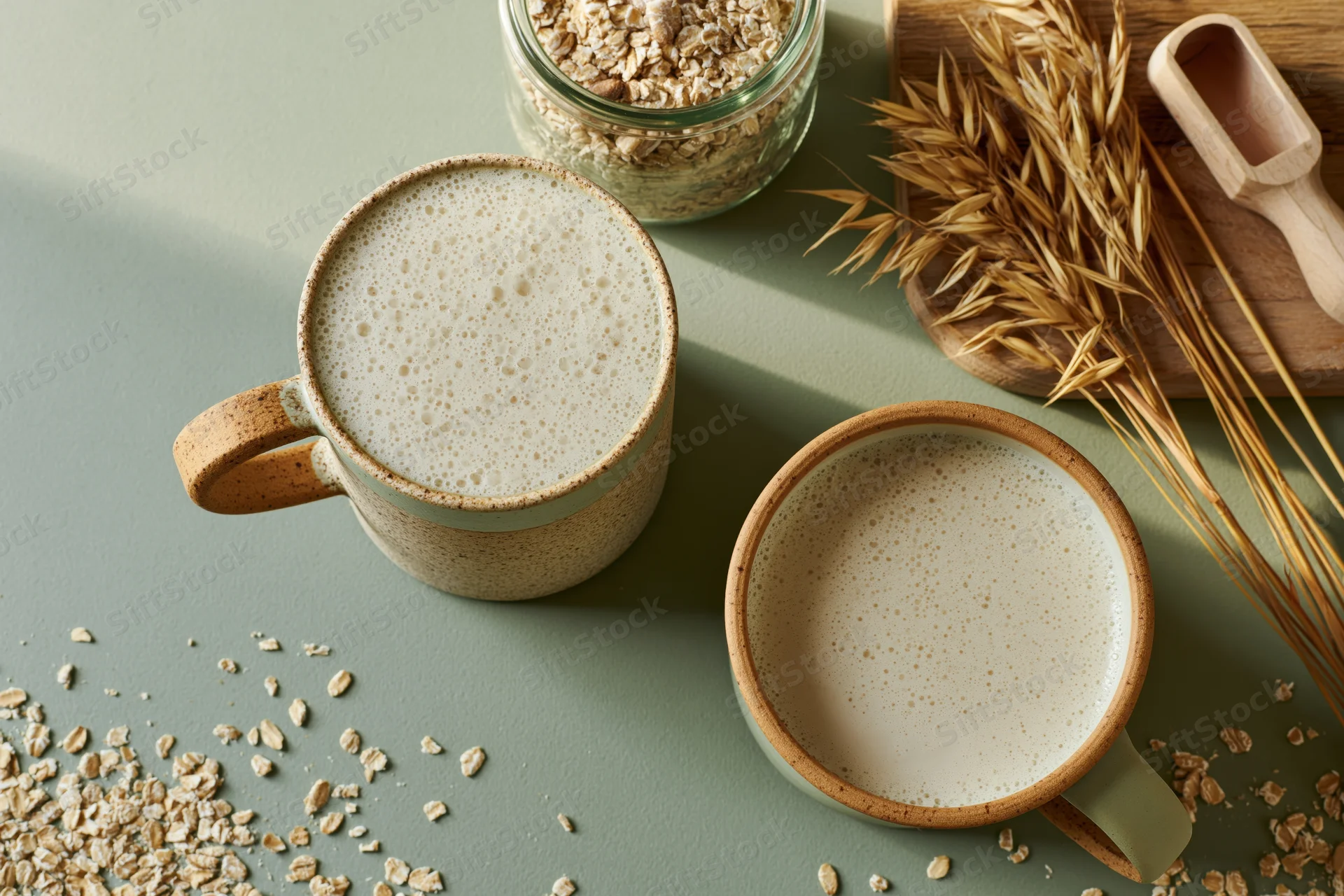 Two ceramic mugs filled with frothy oat milk on a muted green surface with scattered oats, a glass jar, and wheat stalks