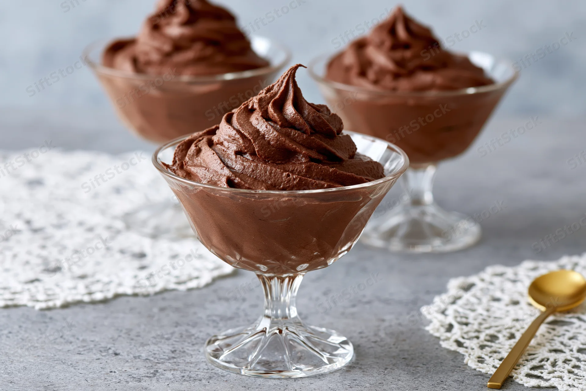 Piped chocolate mousse in glass dessert coupes on a gray surface with lace doilies and a golden spoon