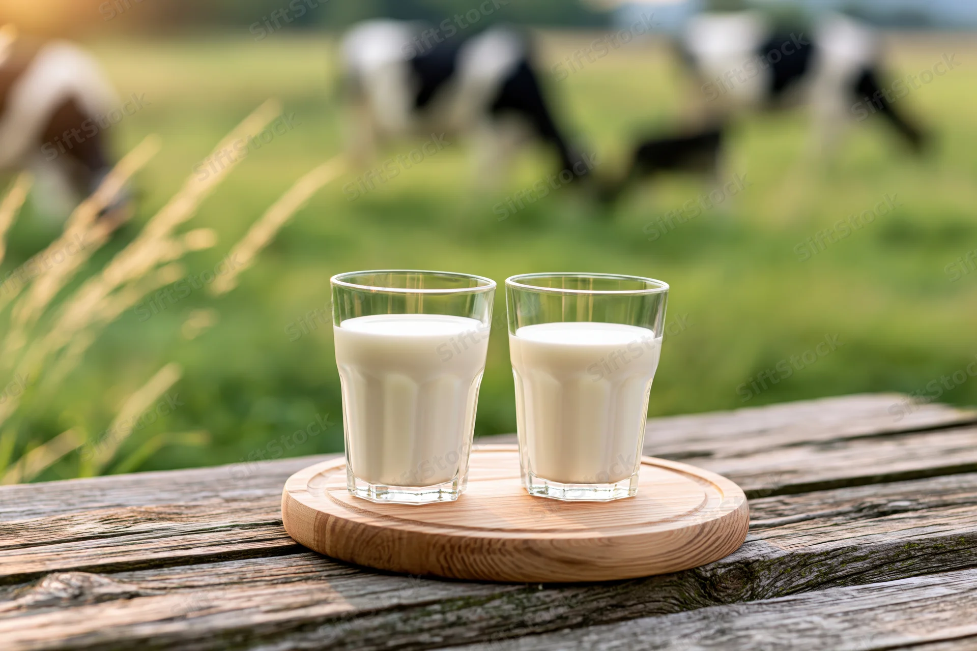 Two glasses of fresh milk on a wooden tray on a rustic table with cows grazing in a green pasture behind