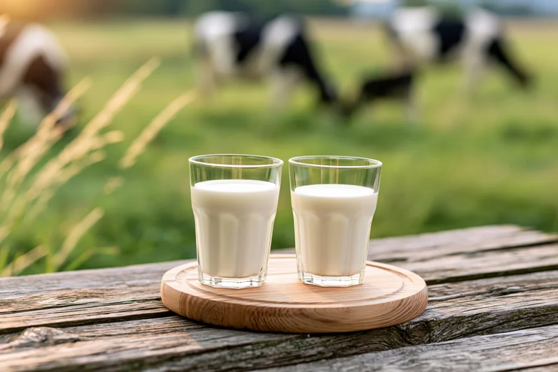 Two glasses of fresh milk on a wooden tray on a rustic table with cows grazing in a green pasture behind