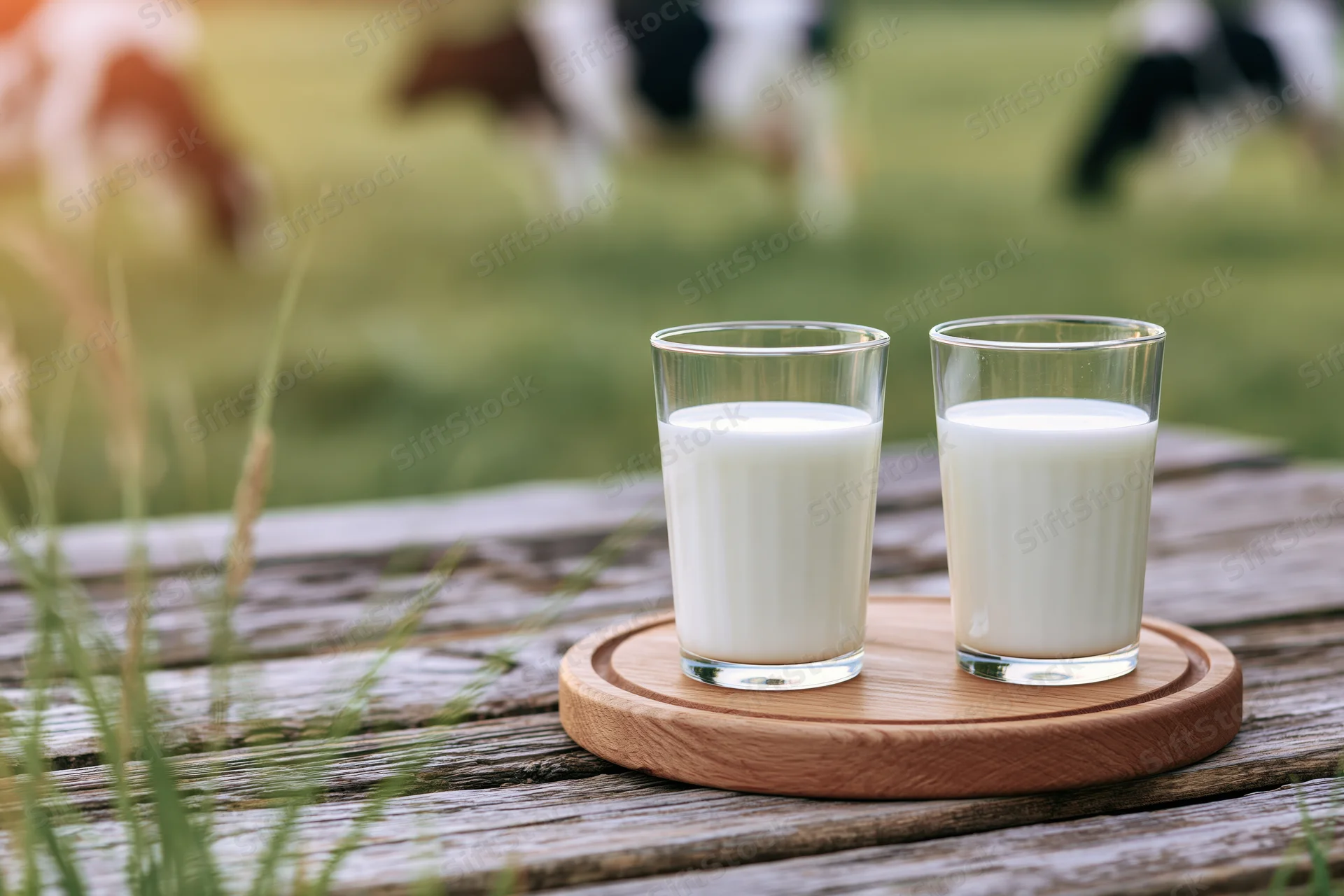 Two glasses of milk on a wooden tray on a rustic outdoor table with cows grazing in the background