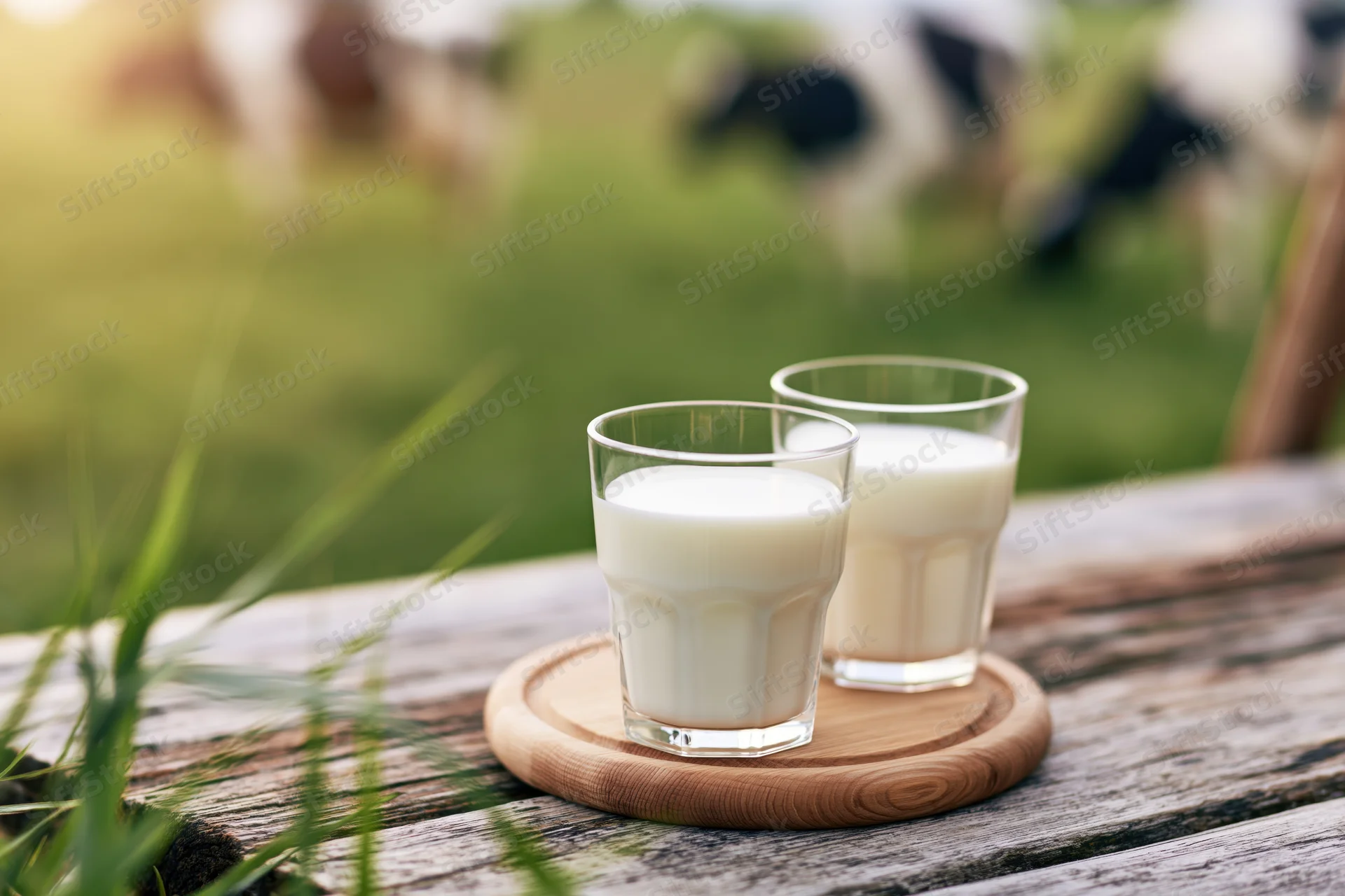 Two glasses of fresh milk on a wooden tray on a rustic table with cows grazing in a green pasture in the background