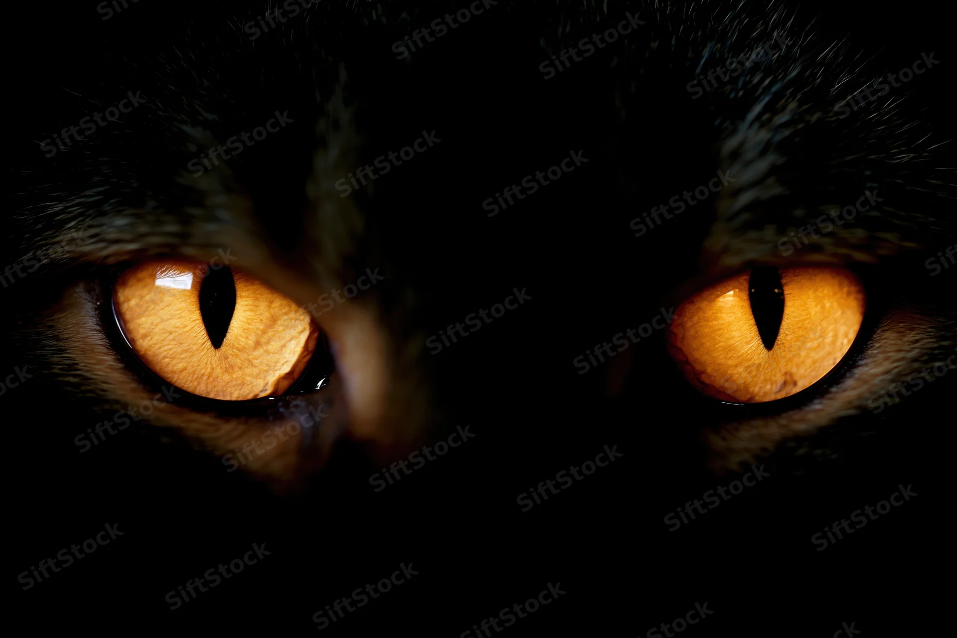 Closeup of glowing amber cat eyes staring forward in darkness