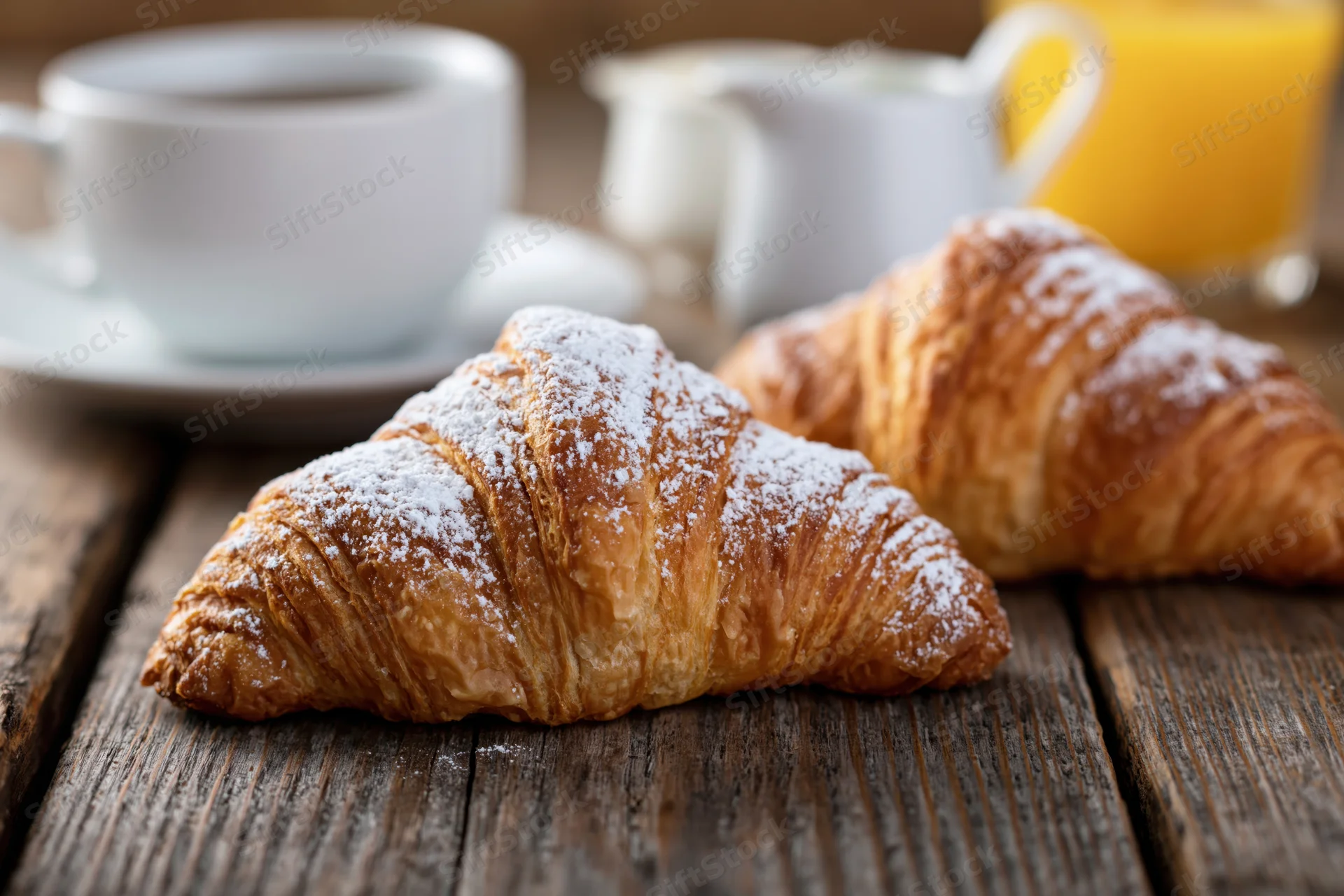 Two golden-brown croissants dusted with powdered sugar on a wooden table with coffee and orange juice in the background