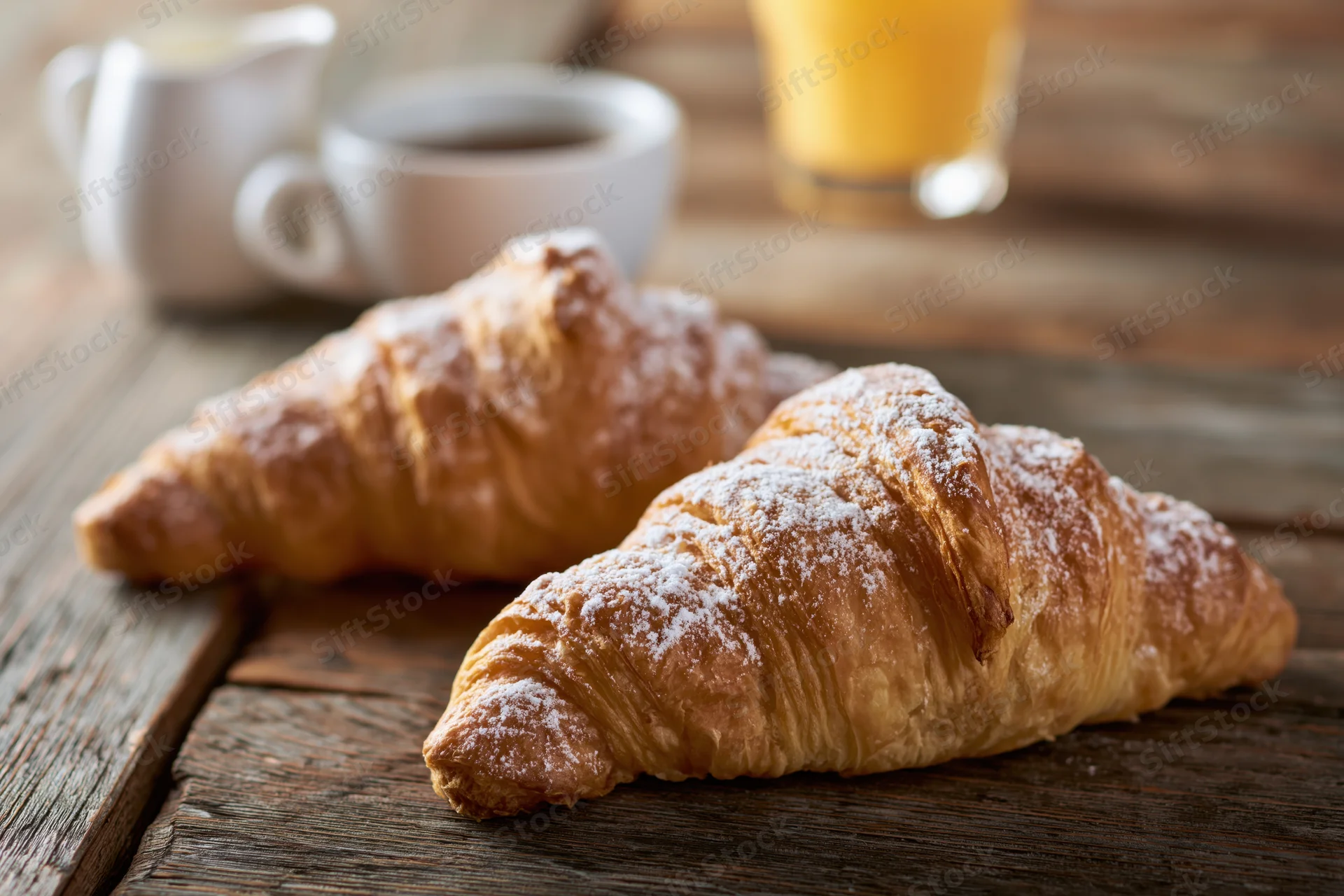 Two golden-brown croissants dusted with powdered sugar on a rustic wooden table with coffee and orange juice in the background