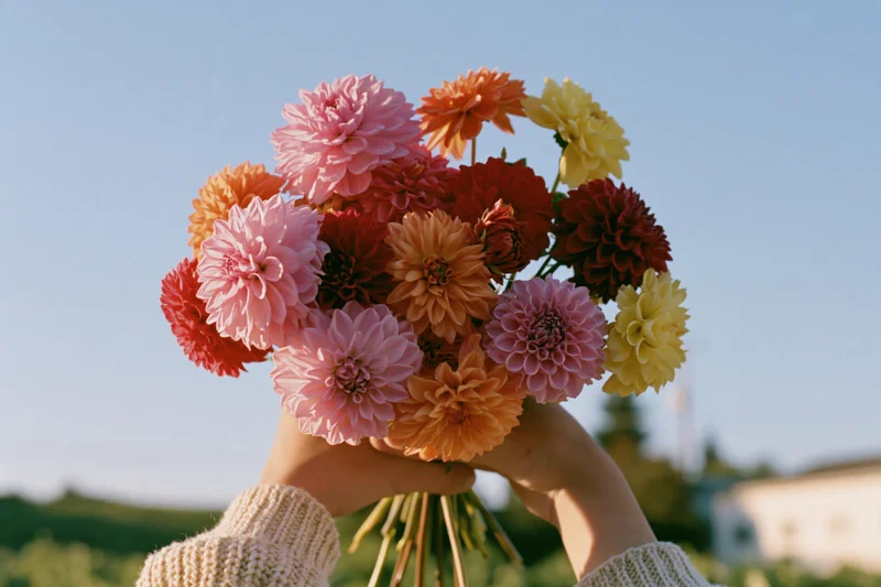 Hands holding a large bouquet of mixed dahlias outdoors in daylight