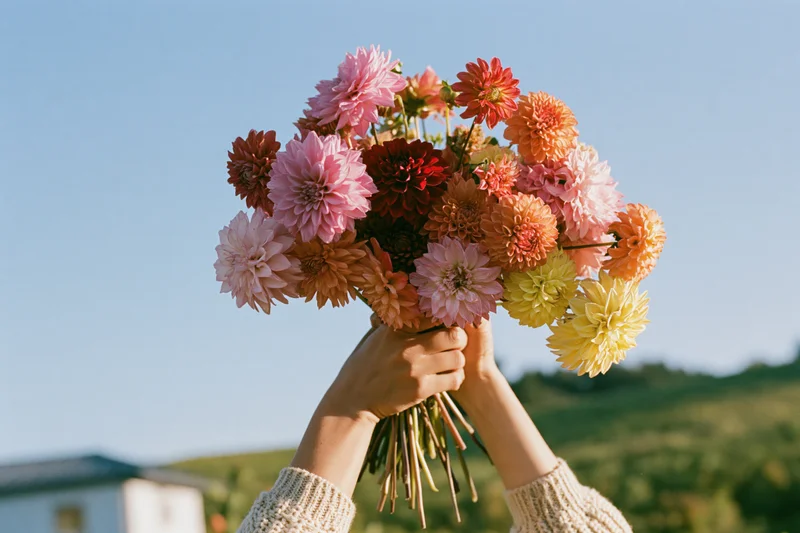 Hands holding a large bouquet of mixed dahlias outdoors against a blue sky and green hills
