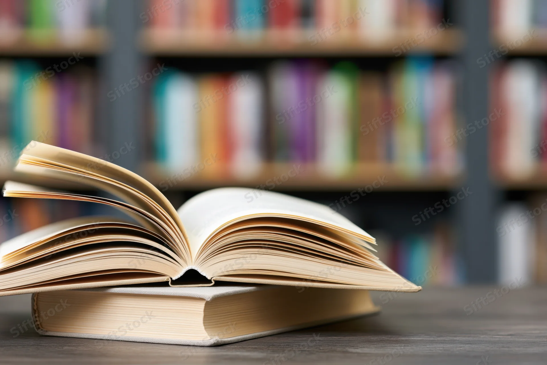 Open hardcover book resting on another book on a dark wooden table with bookshelves in the background