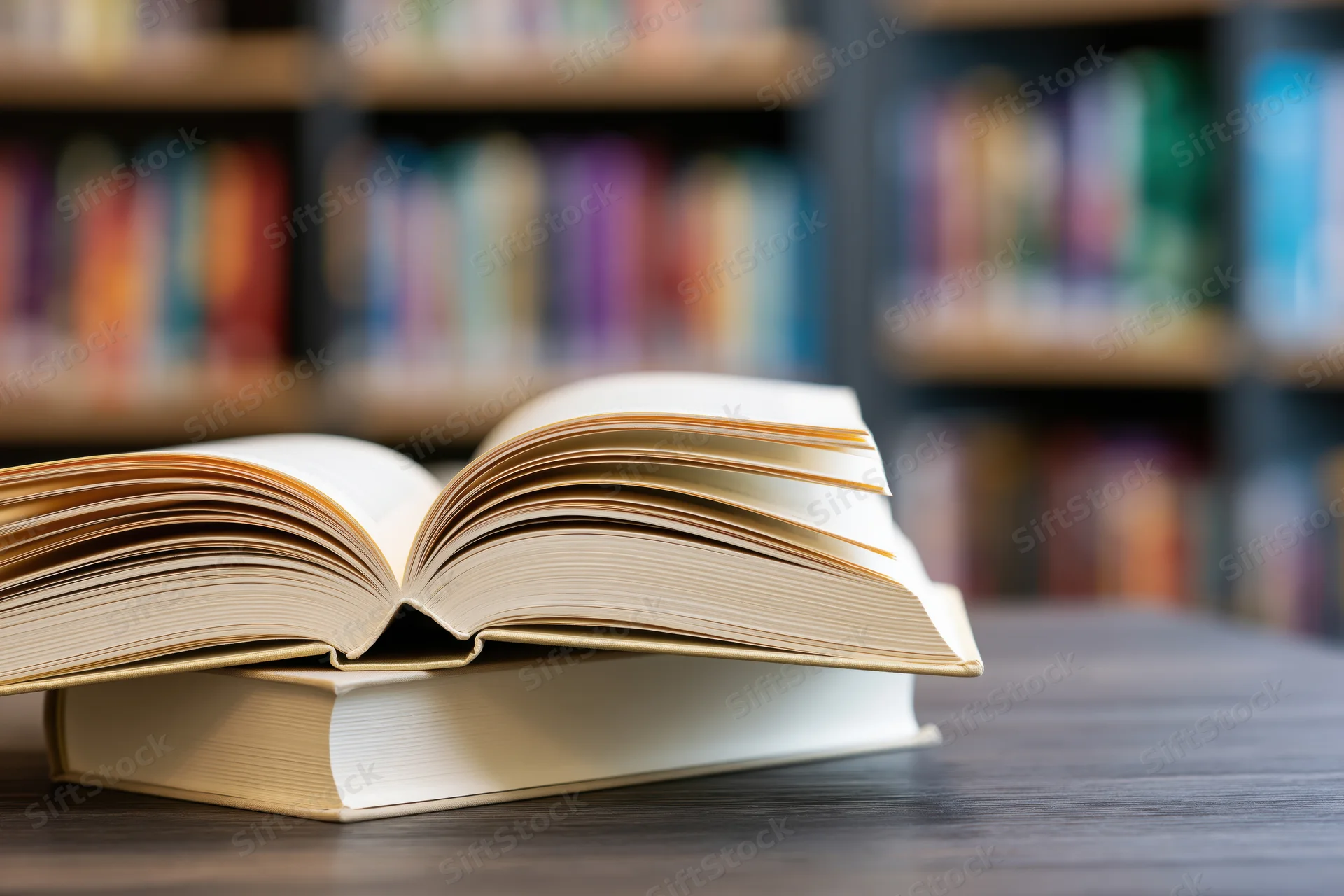 Open hardcover books stacked on a dark wooden table in a library setting