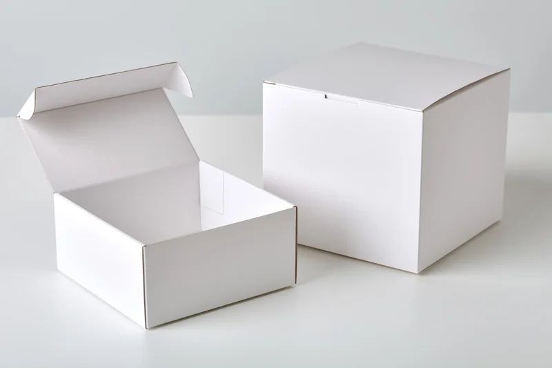 Two plain white cardboard flip-top boxes, one open and one closed, on a white surface
