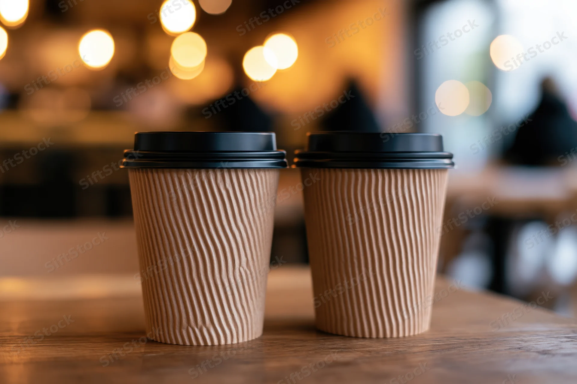 Two ripple-textured paper coffee cups with black lids on a wooden table in a cafe interior