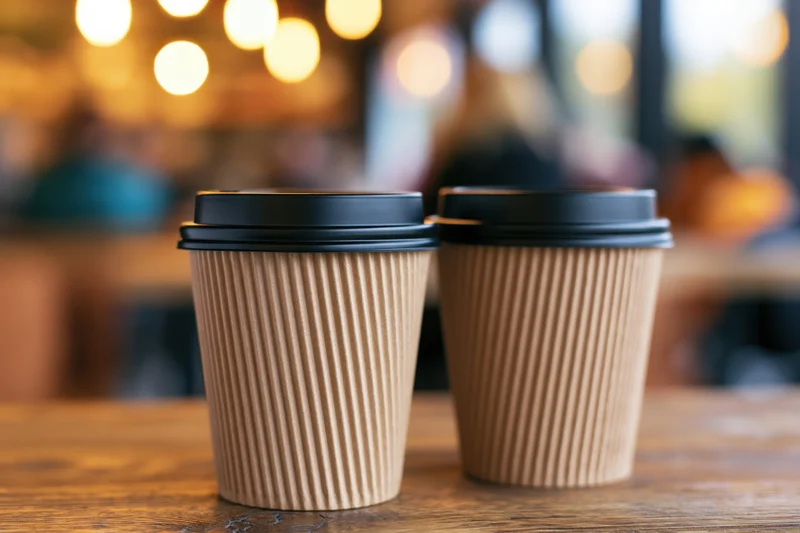 Two ripple-textured kraft paper coffee cups with black plastic lids on a wooden table in a cafe interior