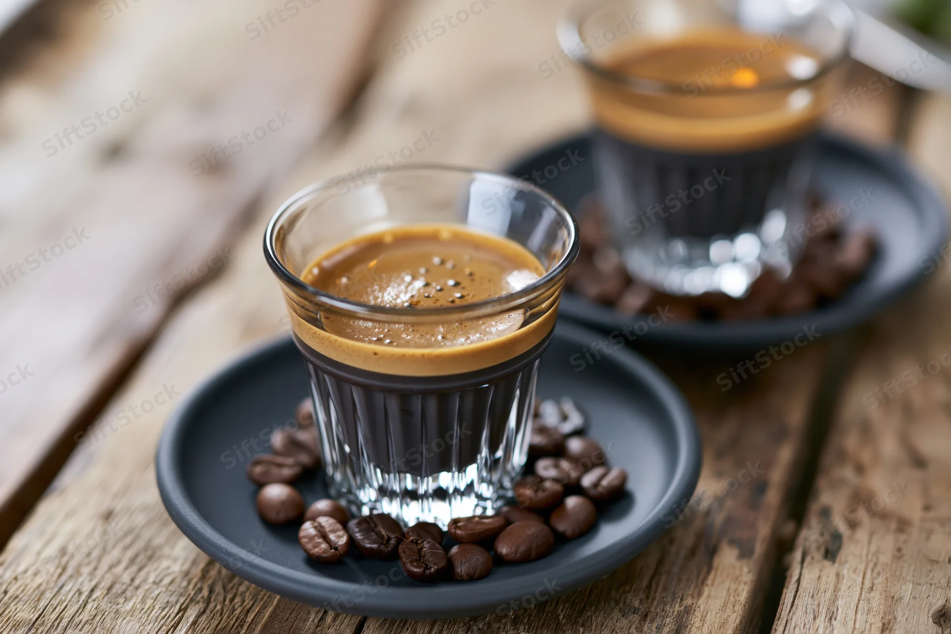 Two small glass espresso cups filled with dark coffee and crema on black saucers surrounded by coffee beans on a wooden table