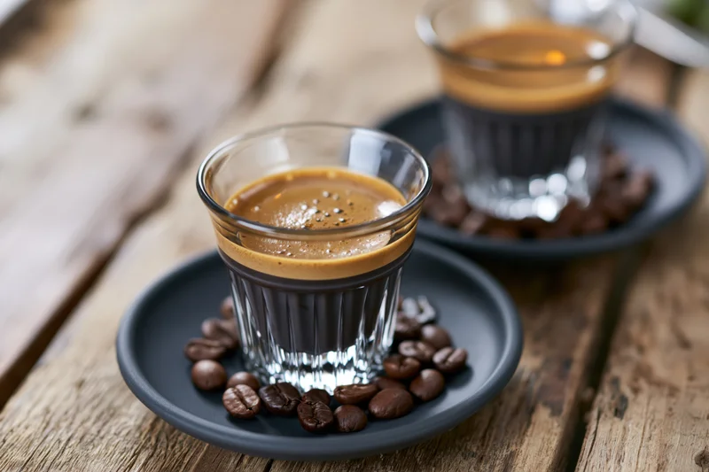 Two small glass espresso cups filled with dark coffee and crema on black saucers surrounded by coffee beans on a wooden table