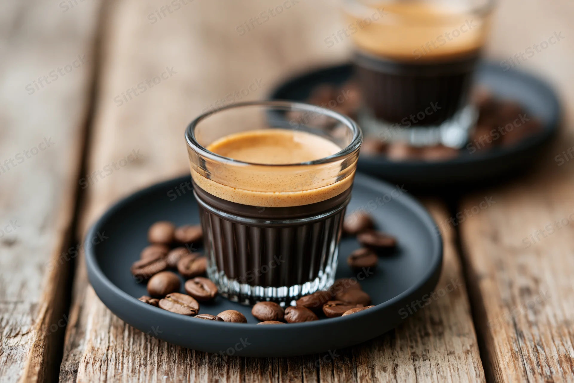 Two small glass espresso cups filled with dark coffee and crema on black saucers with coffee beans on a rustic wooden table