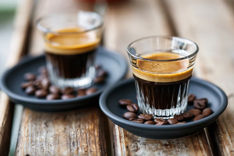Two espresso glasses with crema on black saucers surrounded by coffee beans on a wooden tray