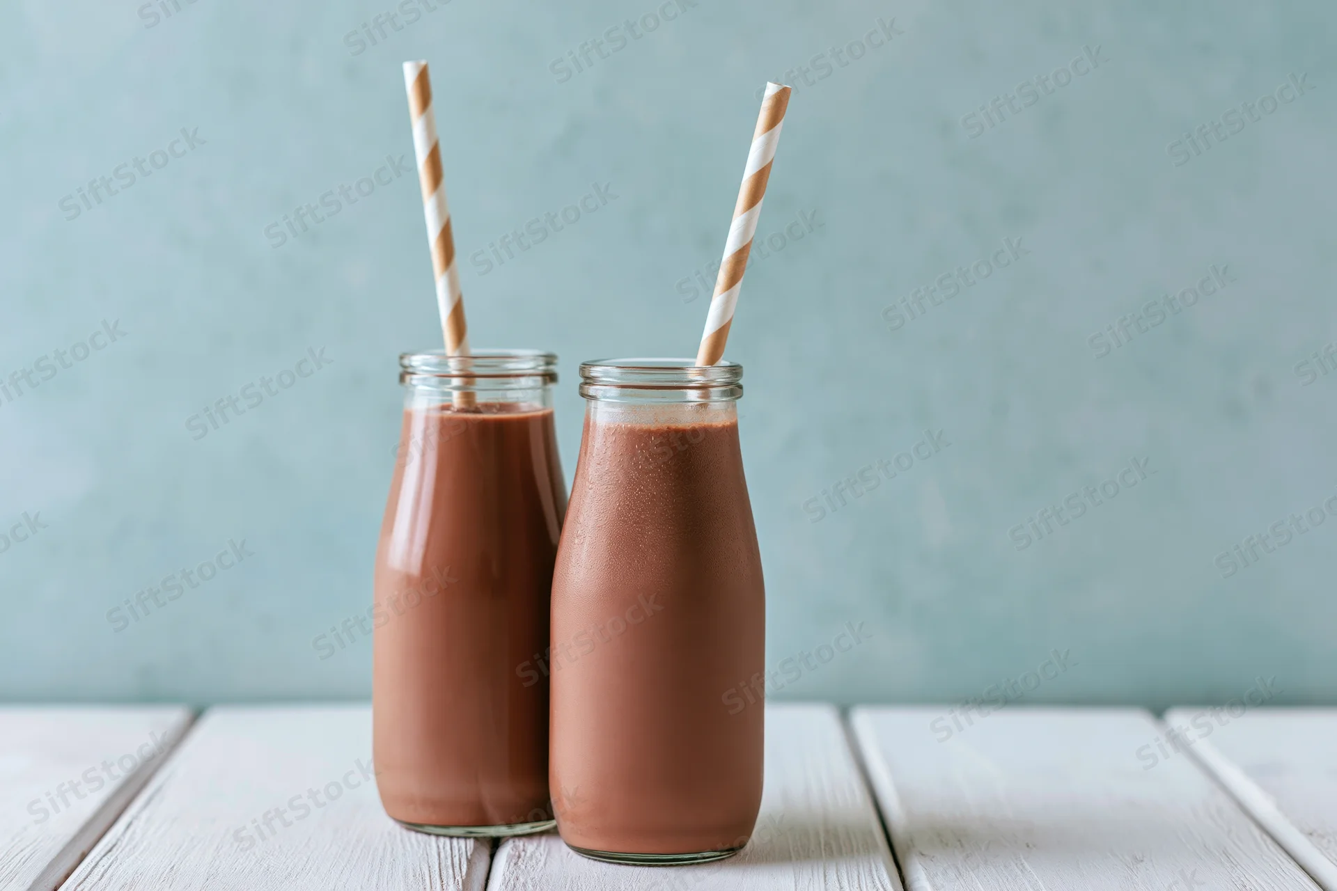 Two glass bottles filled with chocolate milk on a white wooden table with striped paper straws