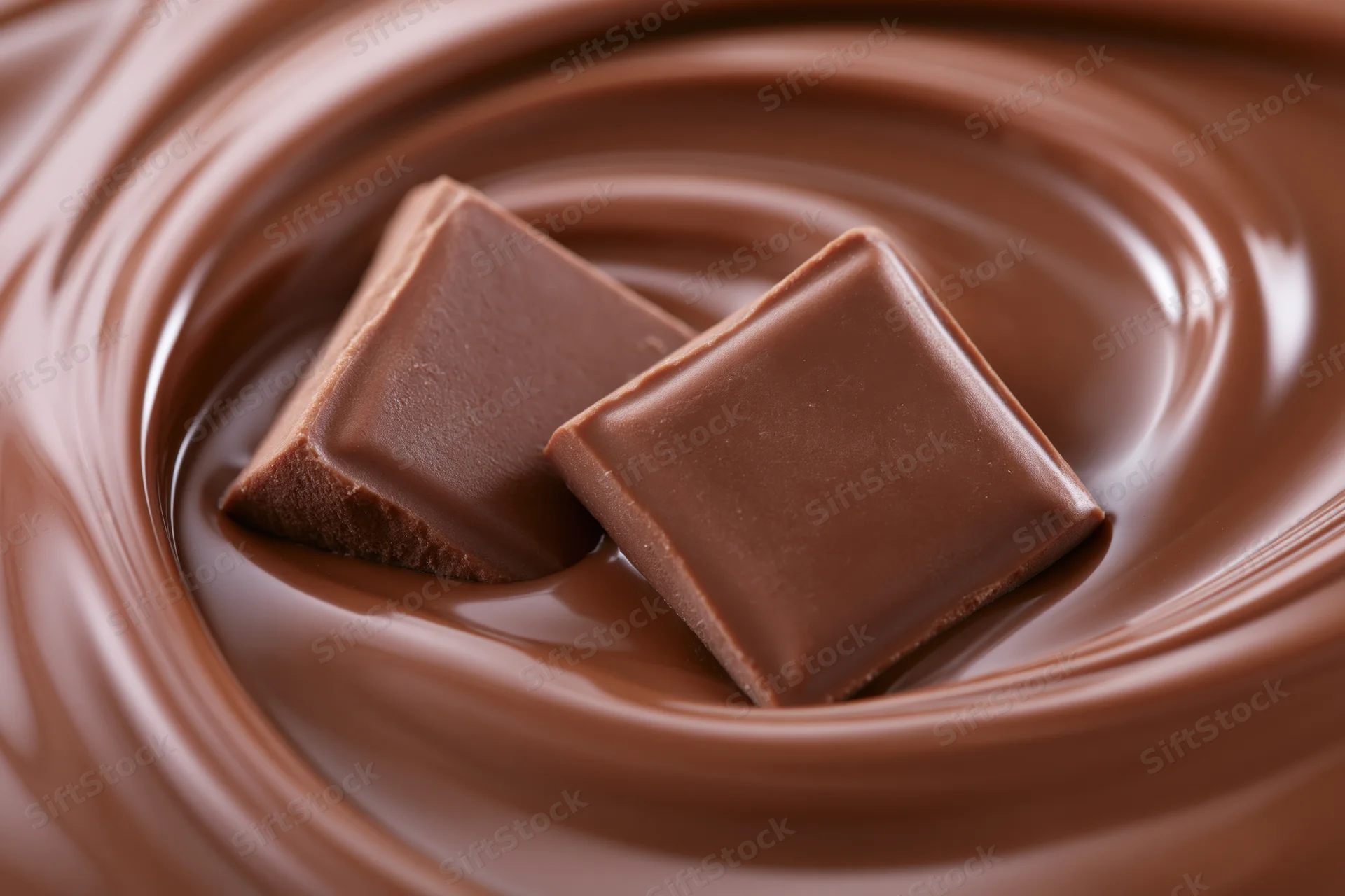 Two milk chocolate squares partially submerged in a swirling pool of melted chocolate