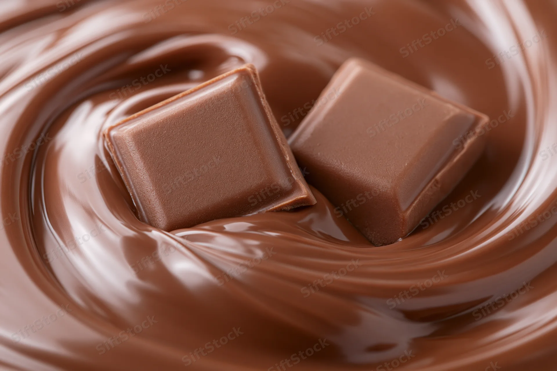 Two milk chocolate squares partially submerged in a swirling pool of melted chocolate
