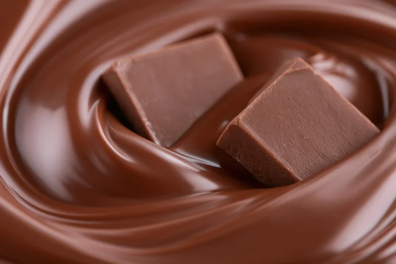 Two milk chocolate squares partially submerged in a swirling pool of melted chocolate