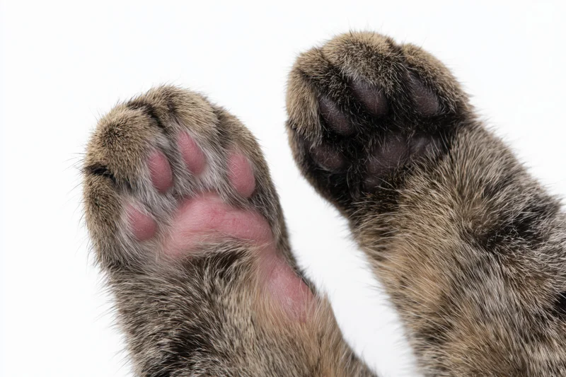 Two tabby cat paws held up side by side showing top and bottom against white background